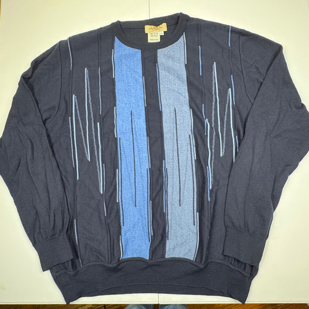 MONTECHIARO Mens XL Sweater Made in Italy‎ Wool Blend Striped Navy Blue Crewneck
